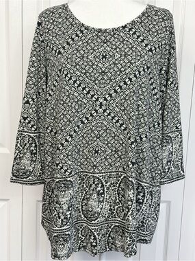 Lucky Brand Black & White Boho Paisley Cotton Modal 3/4 Sleeve Top 1X